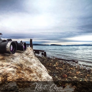 May include: A pair of black binoculars sit on a weathered log on a rocky beach. The water is calm and the sky is overcast with a hint of blue.