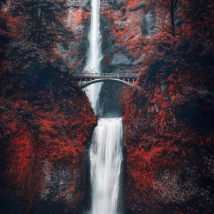 May include: A scenic photograph of a waterfall cascading down a rocky cliff, with a small bridge spanning the water. The surrounding foliage is a vibrant red, creating a striking contrast with the white water and gray bridge.
