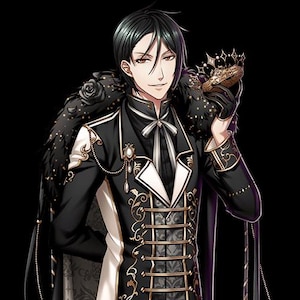 Puede incluir: Ilustración de una persona con un atuendo formal en blanco y negro. El atuendo incluye una capa larga con ribete de piel, un chaleco con detalles dorados y una corona. El fondo es negro.