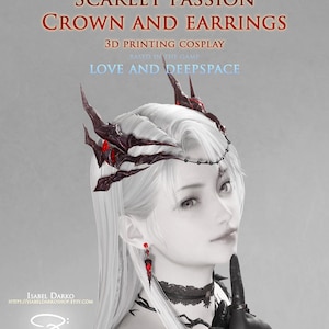 Puede incluir: Imagen de cosplay con corona y pendientes. La corona y los pendientes son de color rojo oscuro y negro, con un diseño puntiagudo. El texto de la imagen dice "SCARLET PASSION CROWN AND EARRINGS 3D PRINTING COSPLAY BASED IN THE GAME LOVE AND DEEPSPACE."