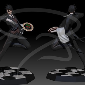 Puede incluir: Figura detallada de un mayordomo con traje negro, camisa blanca y guantes, sosteniendo un plato con comida. La figura está posada dinámicamente sobre una base a cuadros, con un fondo oscuro.