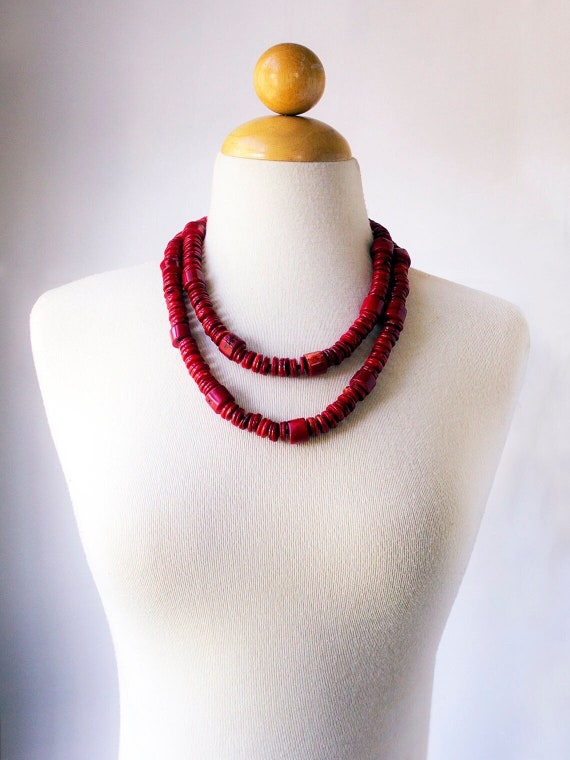 Red coral statement necklace, Beaded coral necklac