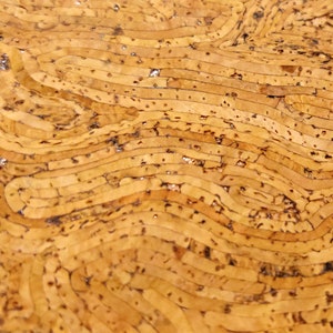 May include: Close-up of a textured cork surface. The natural material features a warm, light brown color with darker brown lines and specks, creating a layered, organic pattern. The design resembles a topographical map or the rings of a tree.