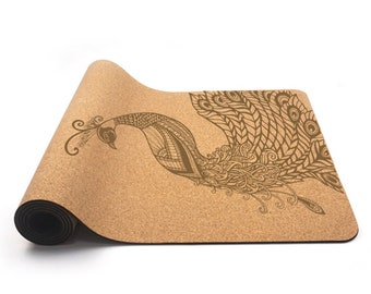 Cork Yoga Mat Latex Free or Natural Rubber | Extra Long Non-Slip Mat for Hot Yoga w/ Carrying Strap  - Peacock, Dolphin, Lotus, Elephant