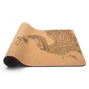 Cork Yoga Mat Latex Free or Natural Rubber | Extra Long Non-Slip Mat for Hot Yoga w/ Carrying Strap  - Peacock, Dolphin, Lotus, Elephant