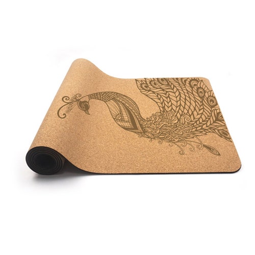 Cork Yoga Mat Latex Free or Natural Rubber | Extra Long Non-Slip Mat for Hot Yoga w/ Carrying Strap  - Peacock, Dolphin, Lotus, Elephant