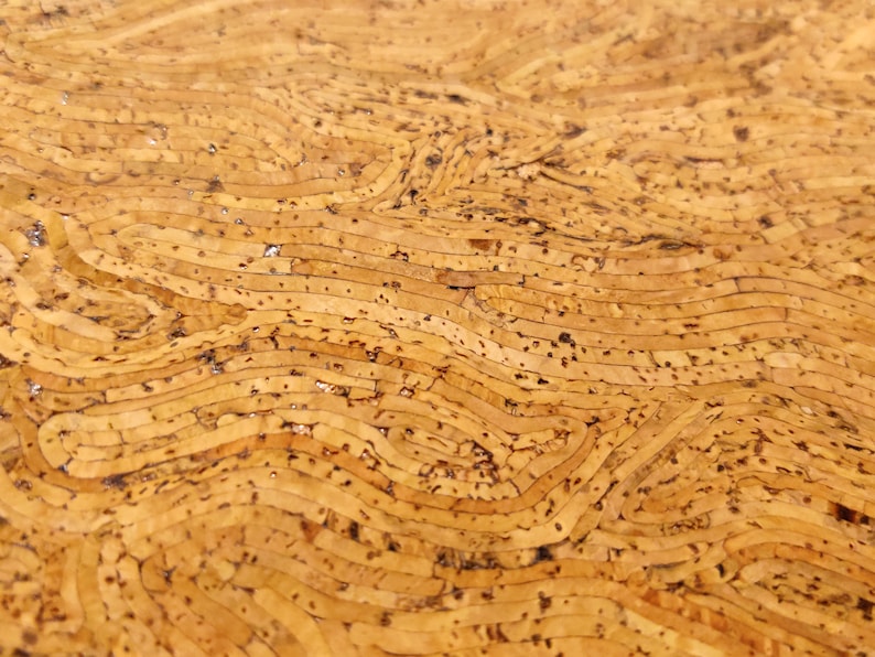 May include: Close-up of a textured cork surface. The natural material features a warm, light brown color with darker brown lines and specks, creating a layered, organic pattern. The design resembles a topographical map or the rings of a tree.