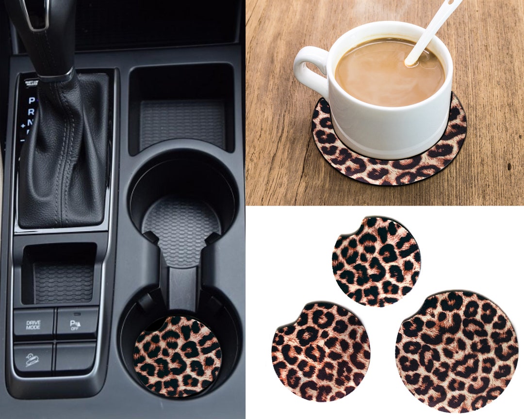 Leopard Print Car Coasters, Absorbent Neoprene Cheetah Cup Holder