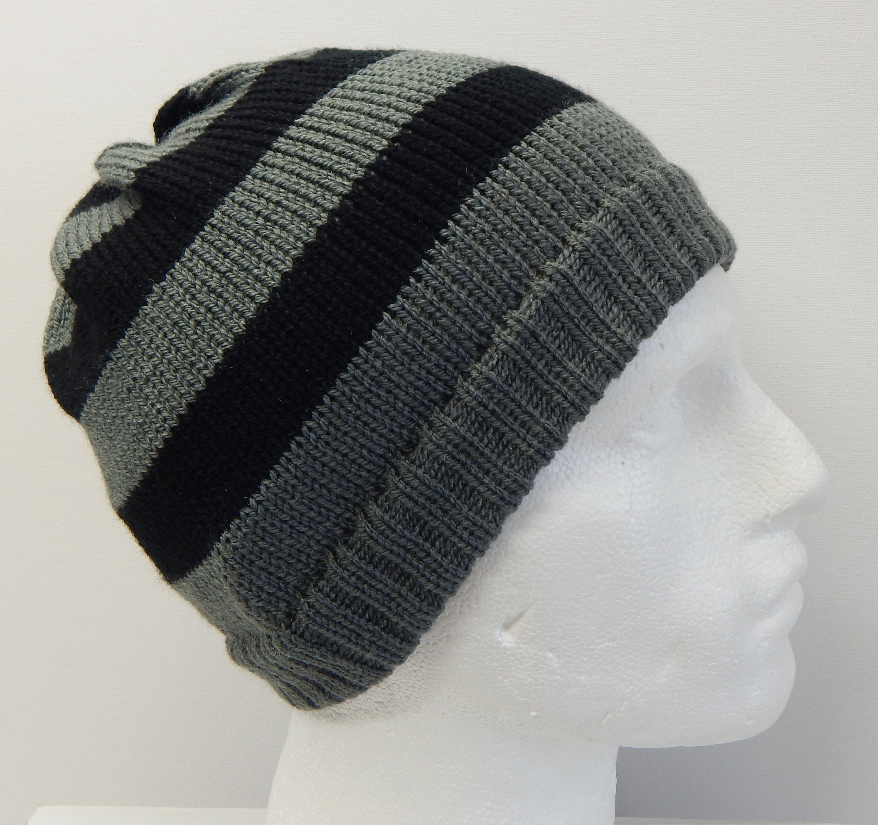 Men striped beanie knit winter hat grey and black beanie Etsy