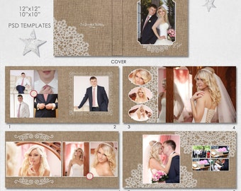 12X12, 10x10  PSD (40 pages), Wedding Album Template - 20 spread + Cover, Vintage Canvas & Lace - AL11