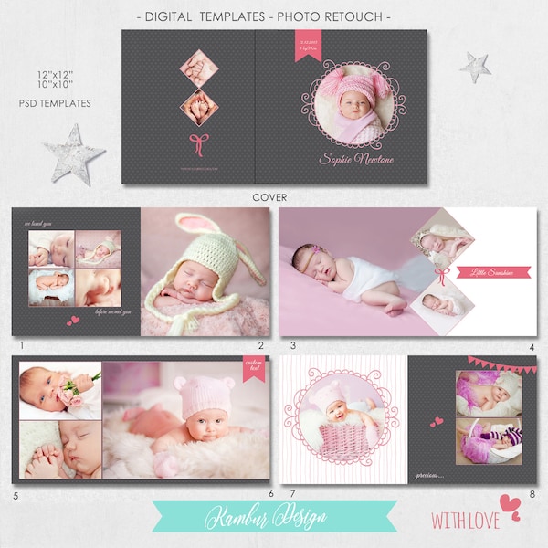 12x12, 10x10 PSD (30 pages), Album Template, Newborn, baby shower, baby album template, 15 spreads and a cover - AL18