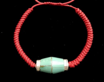 Sterling Silver Turquoise Bead Original Tibetan Buddhist Lucky Knot Rope Bracelet, Yoga Bracelet, Meditation Bracelet