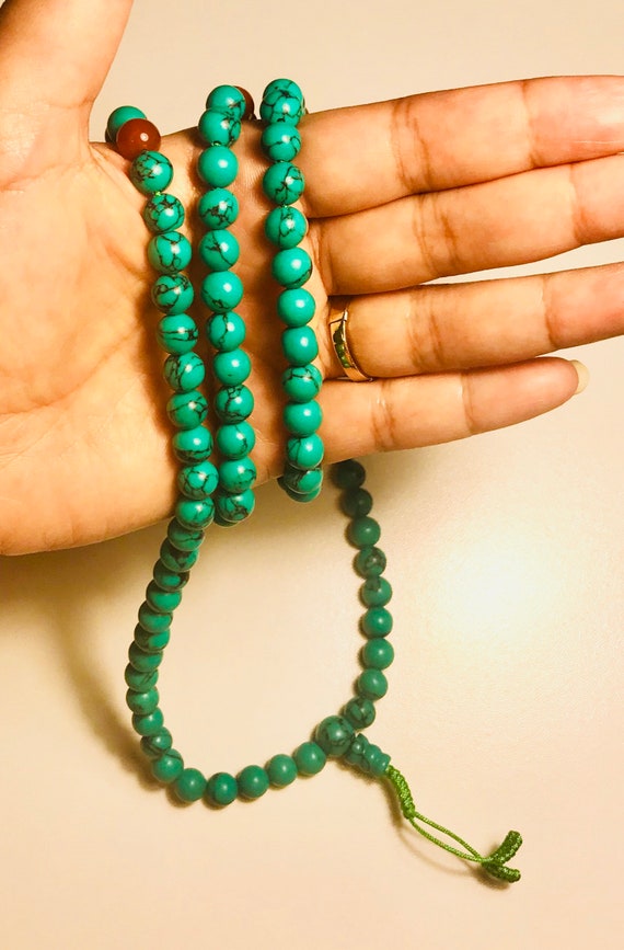 8mm Turquoise Prayer Beads with Carnelian spacer, 108 Beads Mala (Necklace)