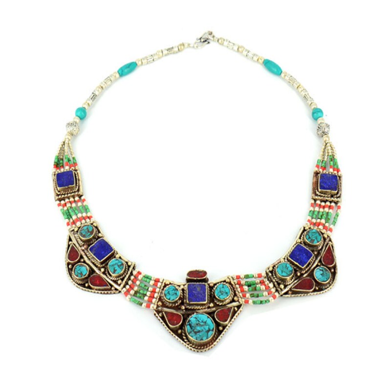 Lapis /& Coral Inlays Bohemian Necklace Handmade Necklace Ethnic Tibetan Handmade Necklace with Turquoise