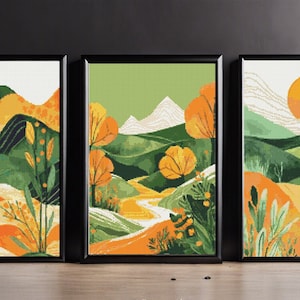 Set Landschaft Modernes Kreuzstichmuster PDF, Natur Kreuzstichmuster, Schöne Landschaft Muster, Berge, digitaler Download