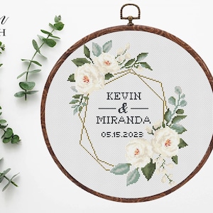 Wedding cross stitch pattern personalized Floral wreath cross stitch pattern white rose cross stitch Instant download PDF