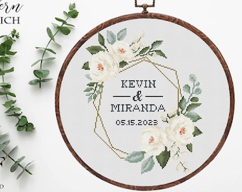 Wedding cross stitch pattern personalized Floral wreath cross stitch pattern white rose cross stitch Instant download PDF