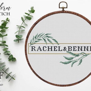 Wedding cross stitch pattern personalized Green leaf cross stitch pattern Instant download PDF