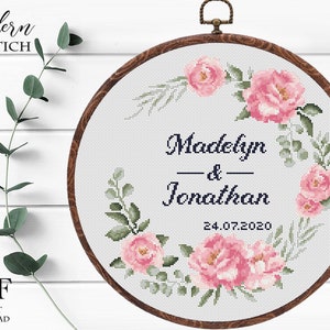 Wedding cross stitch pattern personalized pink rose Floral wreath Instant download PDF