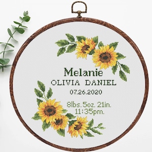 Birth announcement modern cross stitch pattern Sunflower wreath   Birth sampler Baby Personalized  Boy girl nursery decor Custom New baby