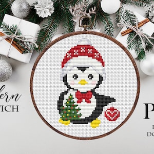 Easy Christmas Penguin Cross Stitch Pattern PDF, Easy Christmas ornament DIY counted cross stitch pattern, Small penguin home decor