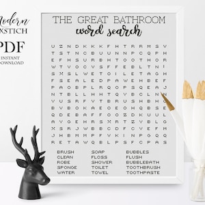 以下が含まれることがあります： 「The Great Bathroom Word Search」というタイトルの印刷可能なPDFの単語検索パズル。パズルは、バスルームに関連する単語（「brush」、「soap」、「bubbles」、「clean」、「floss」、「flush」、「robe」、「shower」、「bubblebath」、「sponge」、「toilet」、「toothbrush」、「water」、「towel」、「toothpaste」など）を含む文字のグリッドを特徴としています。