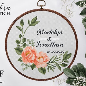 Wedding cross stitch pattern personalized Floral wreath cross stitch pattern peach rose  Instant download PDF