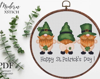 Fancy Patricks Day Gnome cross stitch pattern modern Instant download PDF