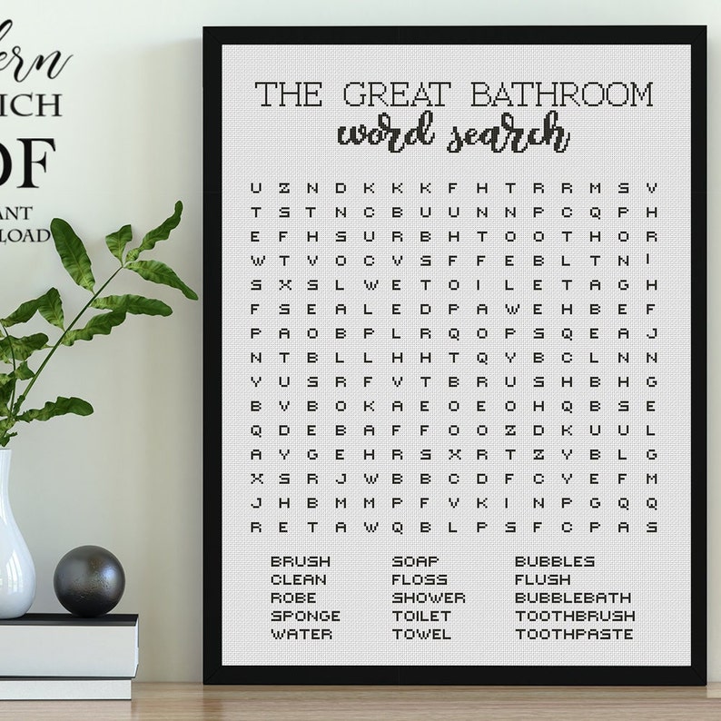 以下が含まれることがあります： 「The Great Bathroom Word Search」というタイトルの白黒の印刷可能な単語検索パズル。パズルには、ブラシ、石鹸、泡、きれい、フロス、フラッシュ、ローブ、シャワー、バブルバス、スポンジ、トイレ、歯ブラシ、水、タオルなど、バスルーム関連の単語が掲載されています。