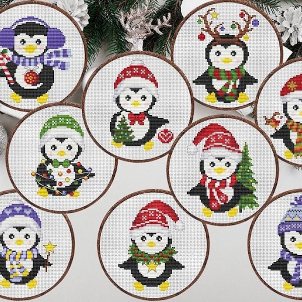 Easy Christmas Penguin set, Cross Stitch Pattern PDF, Easy Christmas ornament DIY counted cross stitch pattern, Small penguin home decor