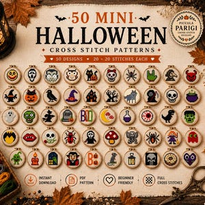 May include: A collection of 50 mini Halloween cross stitch patterns displayed in small wooden hoops. The designs feature various spooky icons like ghosts, pumpkins, skulls, and bats, each measuring 20 by 20 stitches. The text reads 50 MINI HALLOWEEN CROSS STITCH PATTERNS.