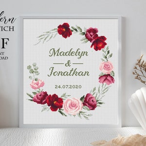 Wedding cross stitch pattern personalized Floral wreath pink rose cross stitch Instant download PDF