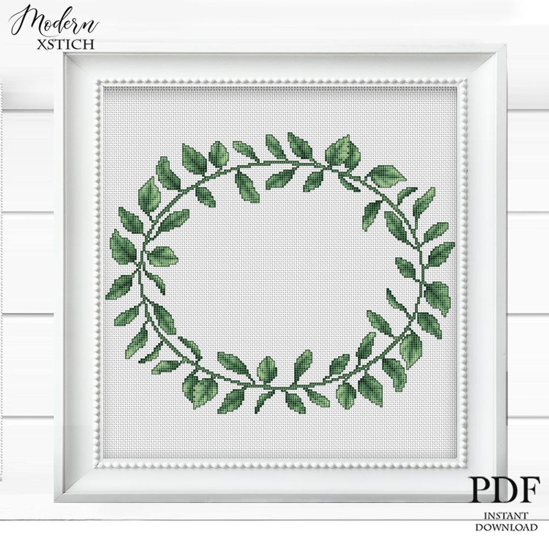 Green Leaf Wreath Cross Stitch Pattern | Minimalist Botanical Frame ...