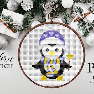 Easy Christmas Penguin Cross Stitch Pattern PDF, Easy Christmas ornament DIY counted cross stitch pattern, Small penguin home decor