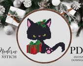 Christmas Cat Modern Cross Stitch Pattern, easy counted cross stitch, instant download PDF