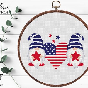 Patriotic 4th of July gnome cross stitch,Gnome pattern,Counted ,Small cross stitch,Independence day,United States,USA gnome stitch,Easy