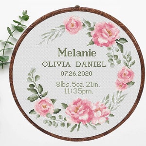 Birth announcement modern cross stitch pattern Floral wreath Birth sampler Baby Personalized  Boy girl nursery decor Custom New baby