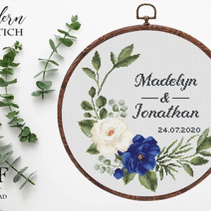 Wedding cross stitch pattern personalized Floral wreath cross stitch pattern blue flower cross stitch Instant download PDF