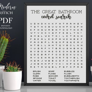 以下が含まれることがあります： 「The Great Bathroom Word Search」というタイトルの白黒の印刷可能な単語検索パズル。パズルは、バスルームに関連する単語（「brush」、「soap」、「bubbles」、「clean」、「floss」、「flush」、「robe」、「shower」、「bubblebath」、「sponge」、「toilet」、「water」、「towel」、「toothbrush」、「toothpaste」など）を含む文字のグリッドを特徴としています。