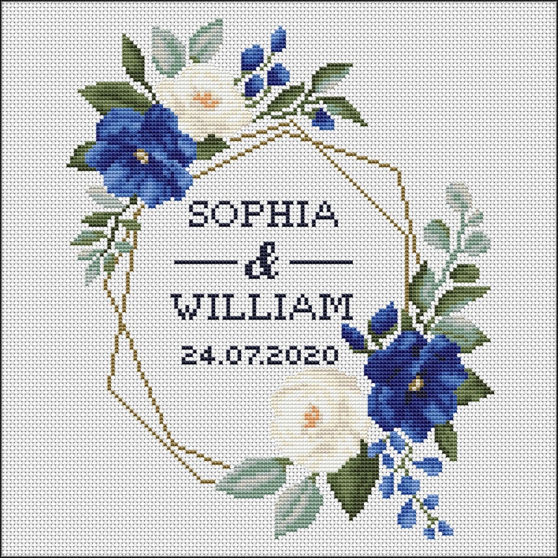 Pu&ograve; includere: Uno sfondo bianco con una cornice geometrica dorata decorata con fiori blu e bianchi. Il testo "Sophia & William 24.07.2020" &egrave; all'interno della cornice.
