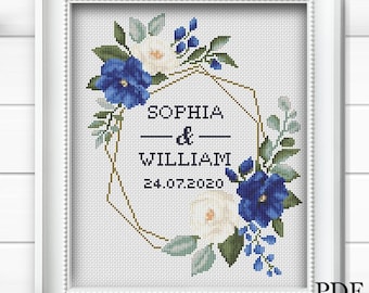 Personalized Wedding Cross Stitch Pattern: Floral Wreath (PDF Pattern)