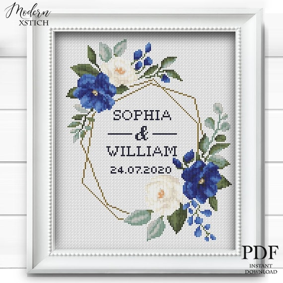 Personalized Wedding Cross Stitch Pattern: Floral Wreath (PDF Pattern)