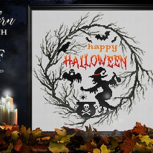 Halloween Witch Cross Stitch Pattern: Modern Embroidery Design (PDF)