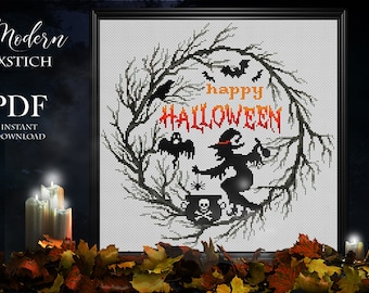 Halloween Witch Cross Stitch Pattern: Modern Embroidery Design (PDF)