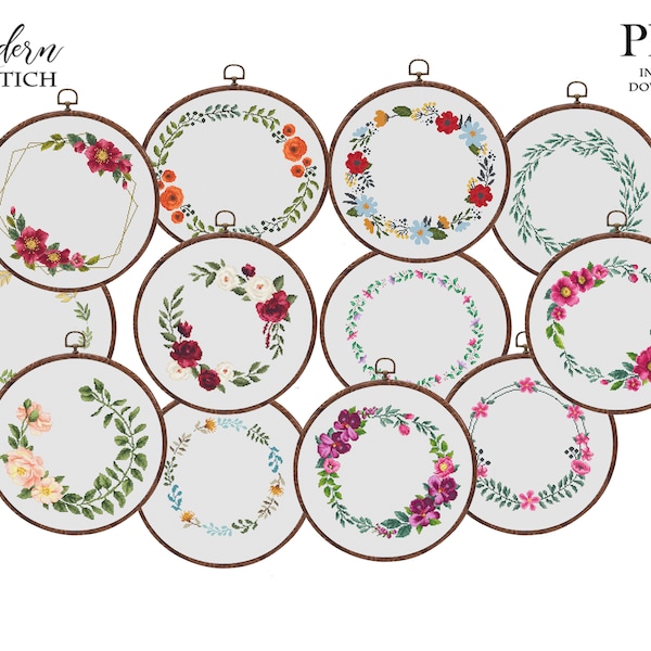 Wreath cross stitch pattern set of 12,  Floral wreath cross stitch chart, custom cross stitch, flower personalized Instant download PDF