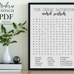 以下が含まれることがあります： 「The Great Bathroom Word Search」というタイトルの白黒の単語検索パズル。パズルには、ブラシ、石鹸、泡、きれい、フロス、フラッシュ、ローブ、シャワー、バブルバス、スポンジ、トイレ、歯ブラシ、水、タオルなど、バスルームに関連する単語が掲載されています。