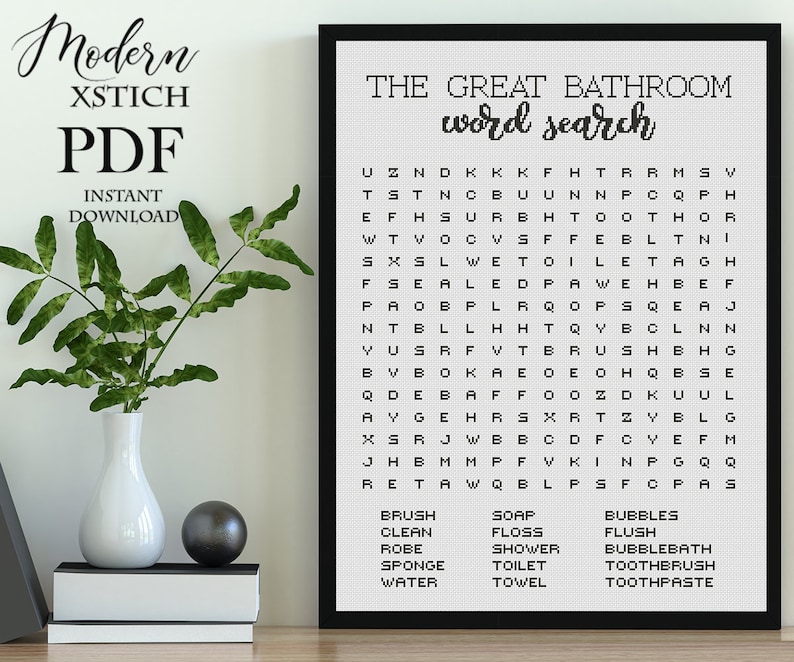 以下が含まれることがあります： 「The Great Bathroom Word Search」というタイトルの白黒の単語検索パズル。パズルには、ブラシ、石鹸、泡、きれい、フロス、フラッシュ、ローブ、シャワー、バブルバス、スポンジ、トイレ、歯ブラシ、水、タオルなど、バスルームに関連する単語が掲載されています。