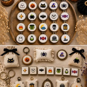 May include: A collection of small cross-stitch Halloween ornaments featuring pixelated designs of ghosts, pumpkins, cats, witches' hats, spiders, skulls, candy, bats, tombstones, and lanterns, presented in round wooden hoops and square frames.