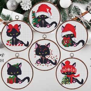 Christmas cats Modern Cross Stitch Pattern set of 6, easy counted cross stitch, instant download PDF