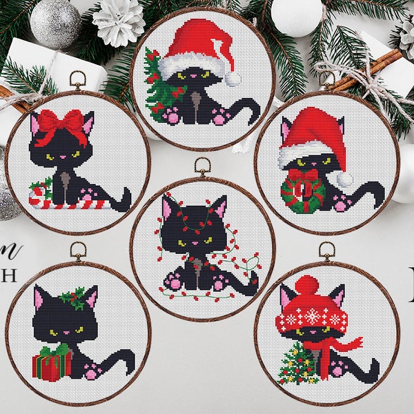 Chats de Noël Modèle de point de croix moderne ensemble de 6, point de croix compté facile, téléchargement instantané PDF